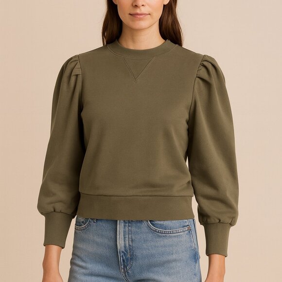 FRAME Shirred Crewneck Sweatshirt In Olive/army Size Small - Picture 1 of 5